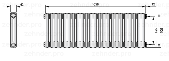 Схема (чертеж) Радиатор Zehnder Charleston 2050/23 №7610 Белый глянцевый RAL 9016